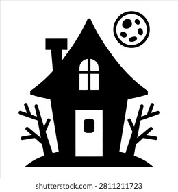 Black silhouette of a haunted house with bare trees and a full moon overhead at night