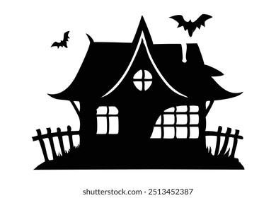 Silhueta preta da casa assombrada com morcegos isolados em um fundo branco. Conceito de decoração assustadora, castelo assombrado, estilo minimalista, mansão assustadora, design de Halloween. Imprimir, elemento de design