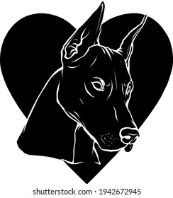 black silhouette of head dog with heart vector illustration