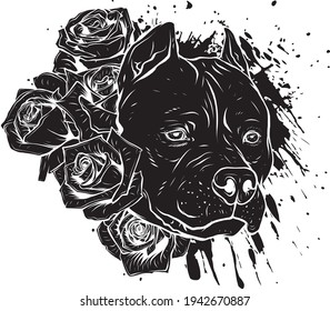 black silhouette of head dog with roses vector illustration