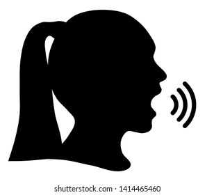 Black silhouette head girl, communication or shriek