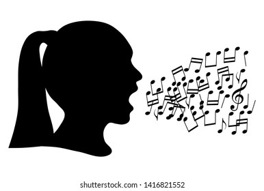 Black silhouette head girl and note as singing