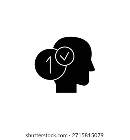 Icono de cabeza de silueta negra con una insignia circular "1" y una marca de verificación que indica la primera opción o la selección verificada.