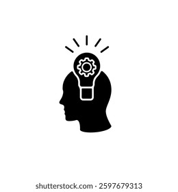 Black silhouette head with light bulb and gear, representing innovation, creativity, and new ideas.