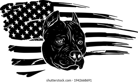 silueta negra del pitbull de la cabeza con ilustración vectorial de la bandera estadounidense