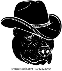 black silhouette of head pitbull with fedora hat vector illustration