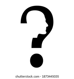 Black silhouette of head with question mark. Vector flat illustration.