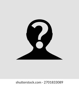 A black silhouette of a head with a question mark inside, set against a gray background. The image represents mystery, uncertainty, and the process of thinking.