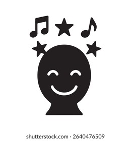 A black silhouette of a head with a smile surrounded by stars and music notes on a white background	