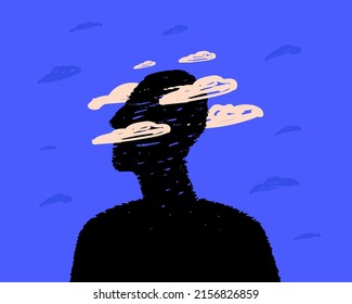 A black silhouette of a head surrounded by clouds, a symbol of postcovid syndrome, brain fog.