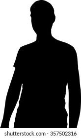 Black silhouette of a head and torso with male hands on white background in vector format.