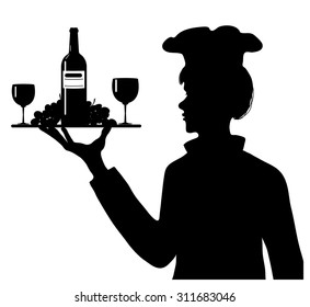 Black silhouette of head-cook with a tray with bottle of wine, grape and glasses, vector image 