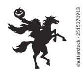 Black silhouette of headless horseman. Isolated drawing of halloween horror. Scary rider without head. Spooky ghost on rearing horse. Gothic mystical evil. Vector illustration