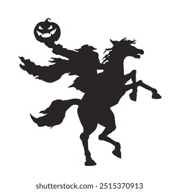 Black silhouette of headless horseman. Isolated drawing of halloween horror. Scary rider without head. Spooky ghost on rearing horse. Gothic mystical evil. Vector illustration