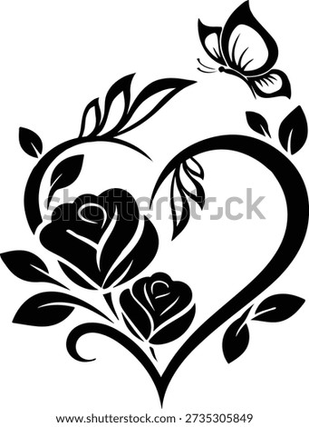 Black silhouette of a heart adorned with two roses and a butterfly on a white background Keywords: heart, rose, butterfly, silhouette, black, white, love