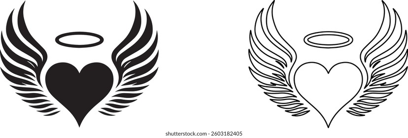 Black silhouette of a heart with angel wings, minimal, white background