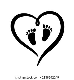 Black silhouette of heart baby footprint. Sign of love for newborn. Vector simple illustration of silhouette of heart isolated on white background