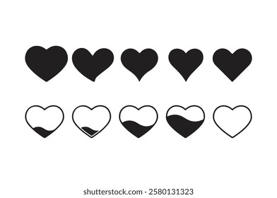 Black silhouette heart flat icon set isolated on white. Different shapes retro abstract romantic love outline graphic design element collection. Health care, wedding, Valentine day card, like symbol.