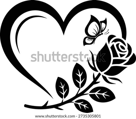 Black silhouette of a heart frame adorned with a single rose and a butterfly on a white background Keywords: heart, rose, butterfly, silhouette, black, white
