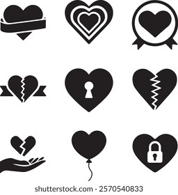 Black Silhouette Heart Icon Bundle with Nine Minimalist Designs.