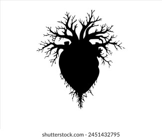 Black silhouette of heart and roots concept with growing trees vector illustration on white background