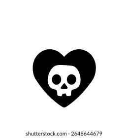 A black silhouette of a heart shape enclosing a white skull