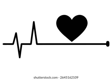 A black silhouette of a heart sits above a black heartbeat line on a white background The style is simple and minimal
