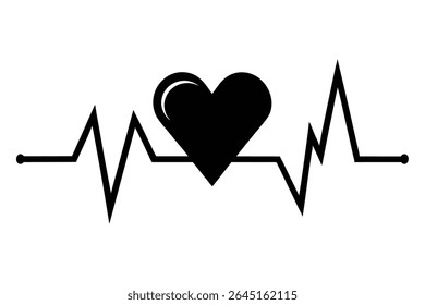 A black silhouette of a heart sits centered on a bold black heartbeat line against a white background The style is simple and graphic