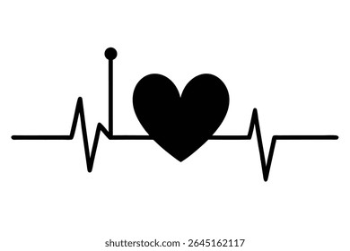 A black silhouette of a heart sits centrally on a black heartbeat line against a white background. The style is simple and minimal.