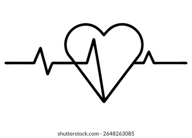 Uma silhueta preta de um coração com uma linha de ECG sobreposta é mostrada sobre um fundo branco. O estilo é simples e mínimo.