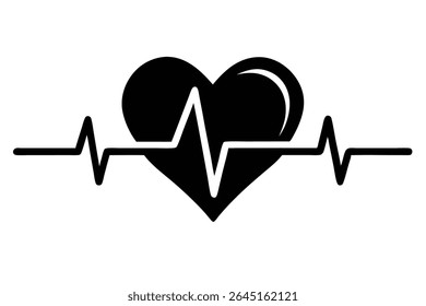 A black silhouette of a heart with a white heartbeat line across it on a white background. The style is simple and bold.