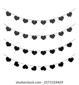 Black silhouette hearts garland for valentine day, vector of decoration party illustration celebration, valentine banner celebrate, happy garland bunting illustration