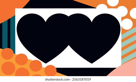 Black silhouette hearts with geometric decoration on a bold orange and teal background. Valentine's Day design