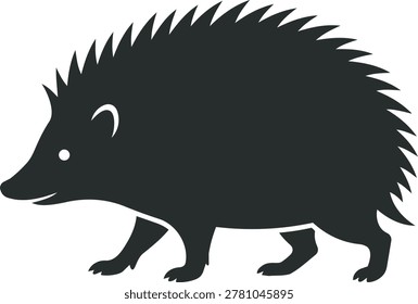 A black silhouette of a hedgehog with sharp quills and a small eye is depicted walking from left to right.