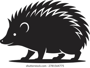 A black silhouette of a hedgehog with sharp quills and a small eye, depicted in profile.
