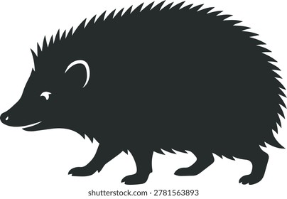 A black silhouette of a hedgehog walking from left to right, showcasing its spiky exterior and small legs.