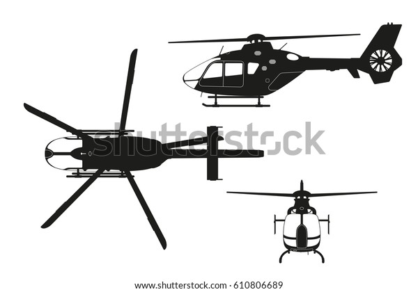 白い背景にヘリコプターの黒いシルエット 上面 側面 正面図 分離型図面 ベクターイラスト のベクター画像素材 ロイヤリティフリー