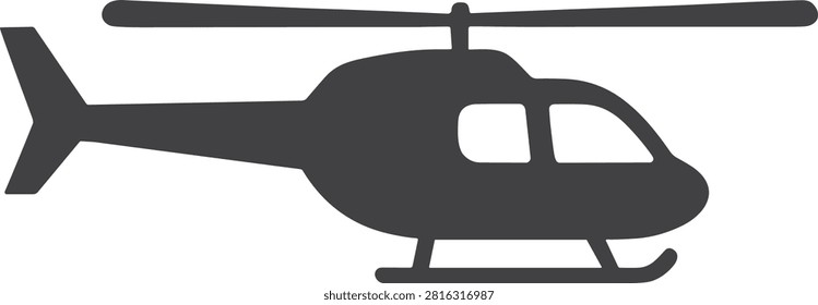 Black silhouette of helicopter with rotor tail and landing skids symbolizing aviation transport and aerial vehicle design

