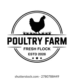 Black silhouette of a hen within a circular poultry farm emblem with vintage typography and