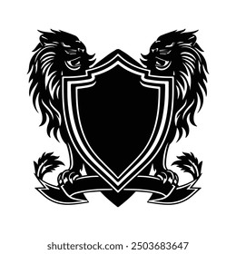 Black silhouette of Heraldic Lion coat of arms with shield isolated white background