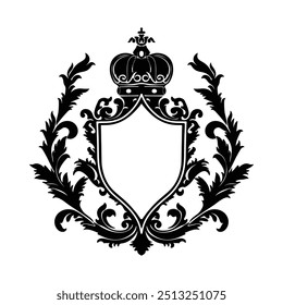 Black silhouette of heraldic shield with crown and laurel wreath