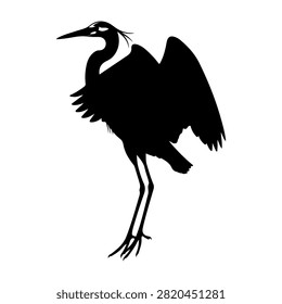 Black silhouette of a heron bird with wings spread, standing tall with long legs and beak, isolated on a white background.