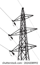 Silueta negra de polo de alto voltaje con cables aislados sobre fondo blanco. Industria. Ilustración vectorial.  