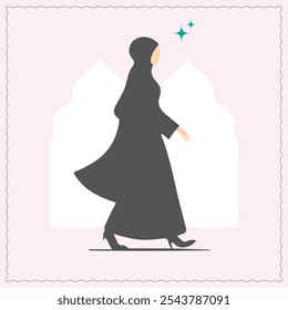 Black silhouette of a hijabi Muslim woman standing. Female wearing Headscarves with jharokha in Background. This vector design is perfect for hijab brands.  