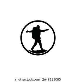 A black silhouette of a hiker with a backpack inside a circular badge icon on a white background. The hiker's arms are outstretched. The style is simple and graphic.