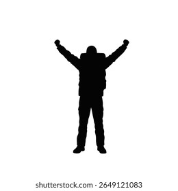 Black silhouette of a hiker with a backpack standing with arms raised against a white background. Simple vector graphic style.