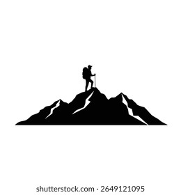 Black silhouette of a hiker with backpack and walking stick standing on a mountain peak against a white background simple vector graphic