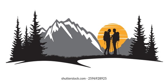 Black silhouette of hiker couple hiking in mountains forest woods landscape panorama illustration icon vector for logo, campimg adventure travel background
