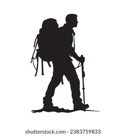 Schwarze Silhouette eines Wanderwanderns mit Rucksack