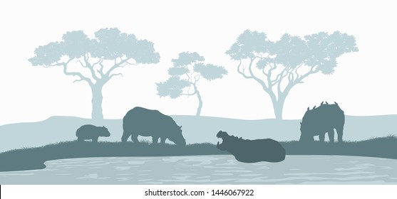 Black silhouette of hippopotamus family. Scene with hippos. Landscape of wild african animals. Savannah panorama. Vector illustration